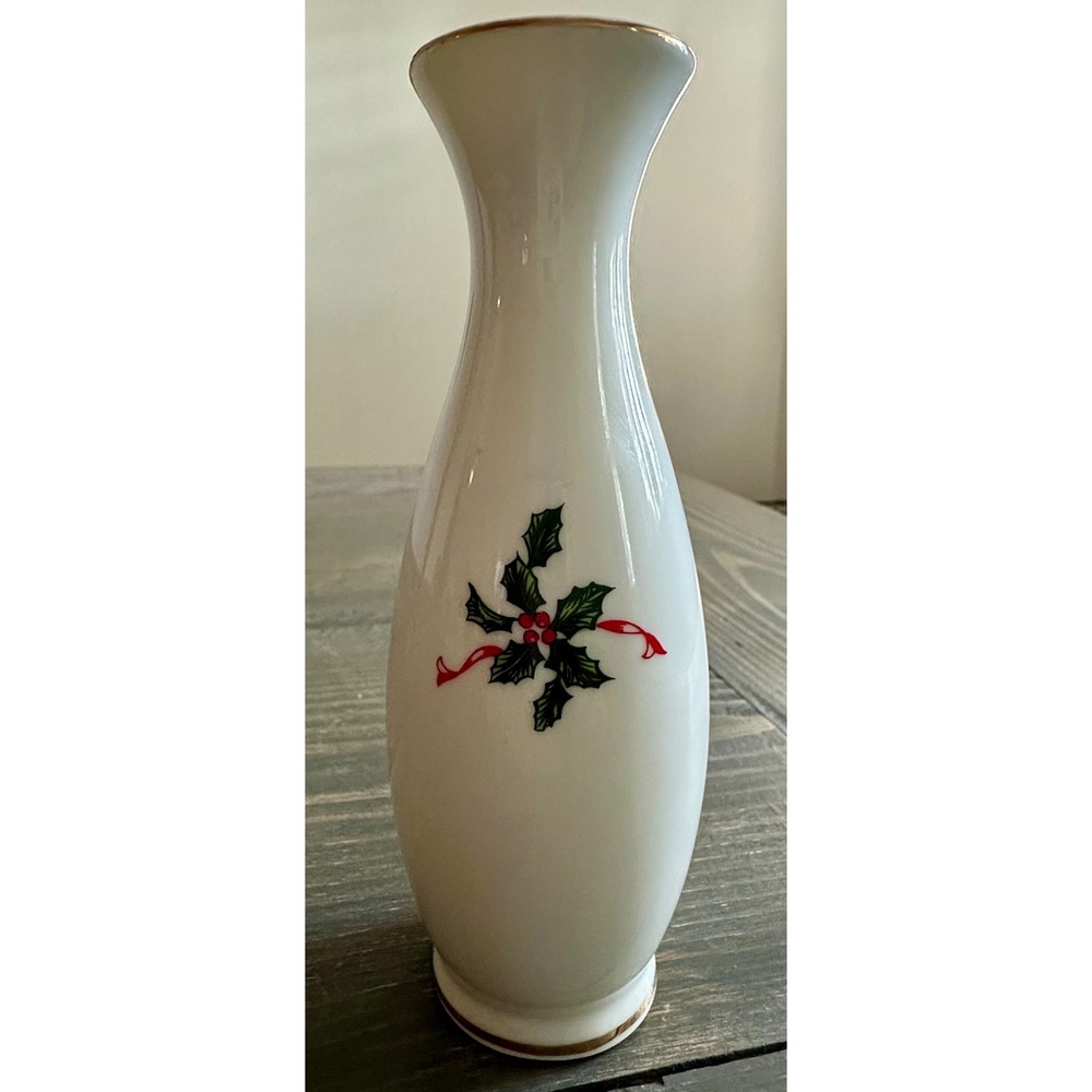 Vintage Lefton‎ China Holly Berries White Gold Trim 7" Vase